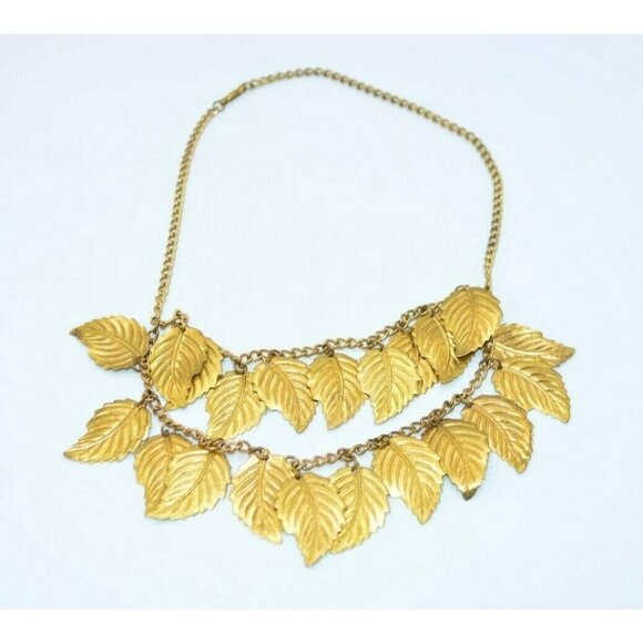 Victorian Gold Brass Leaf Dangle Chain Link Bib - Picture 1 of 5